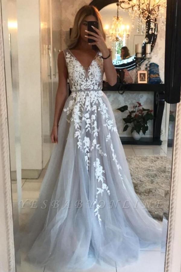 Classy V-neck Appliques Lace Party GownTulle A-line Floor-length Prom Dress