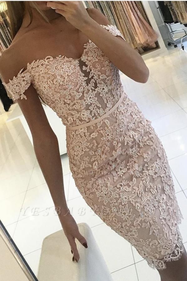 Short Mermaid Off-the-shoulder Lace Pink Prom Dress