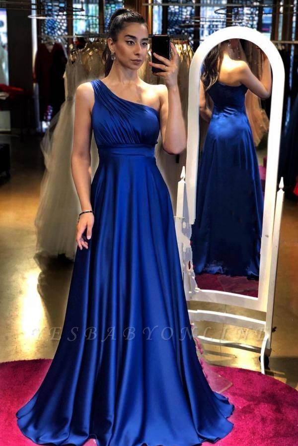 Elegant Royal Blue One Shoulder A-line Floor-length Ruffles Evening Dress