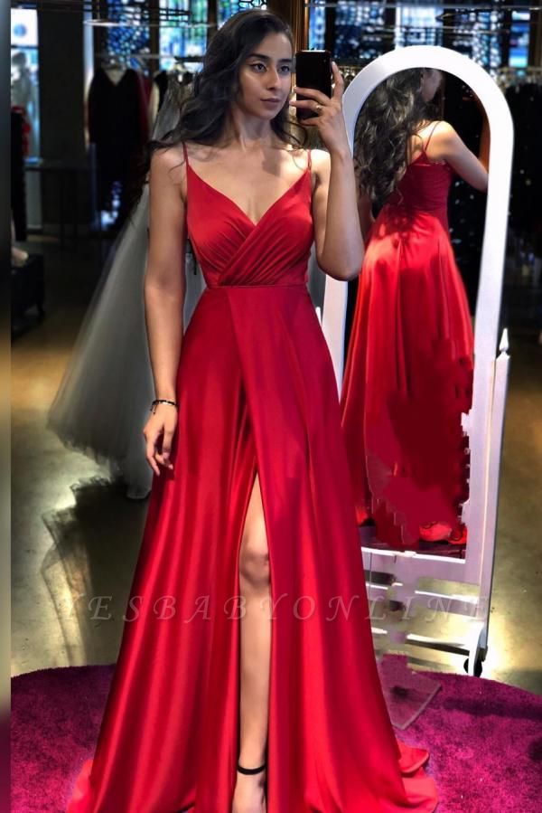 Elegant Red Spaghetti Straps V-neck A-line Floor-length Evening Dress With Split