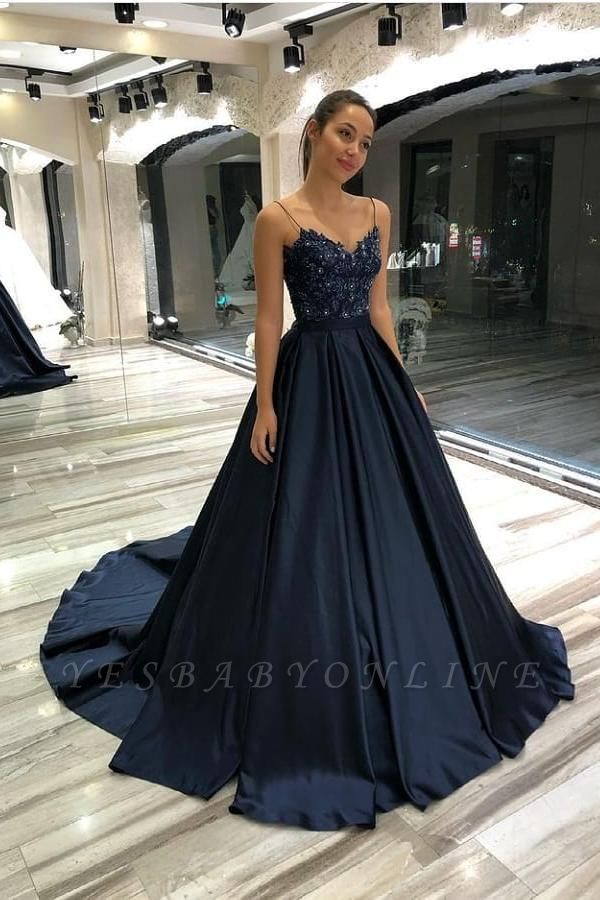 Attractive Spaghetti Straps Appliques Lace Sequins A-Line Floor-length Ruffles Prom Dress