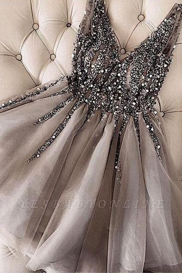 Short A-line V-neck Tulle Silver Prom Dress with Beading