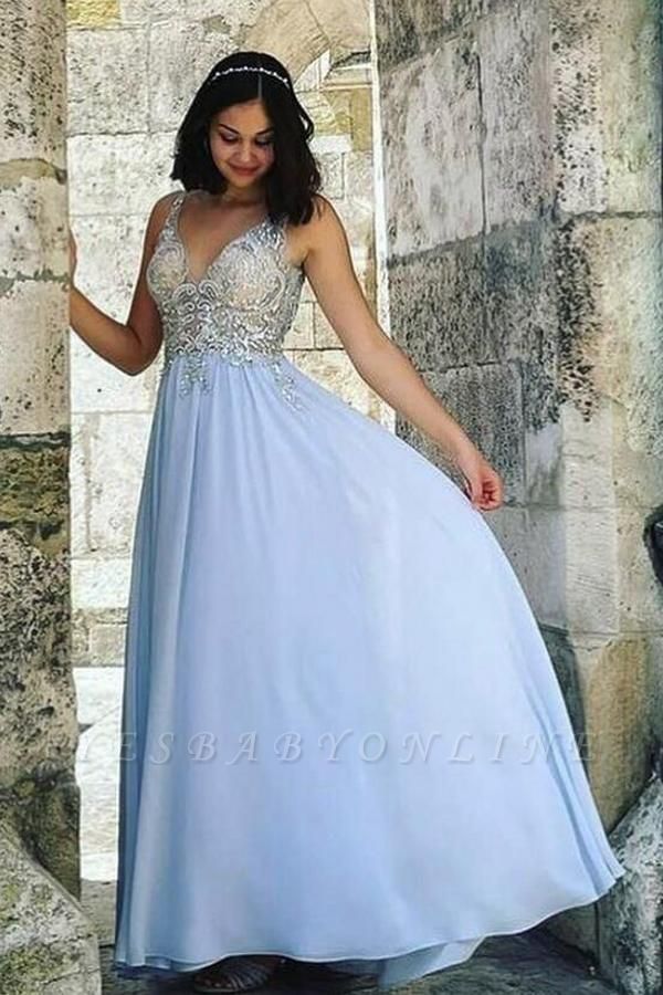 Beautiful Deep V-neck Crystal Open Back A-line Floor-length Chiffon Prom Dress