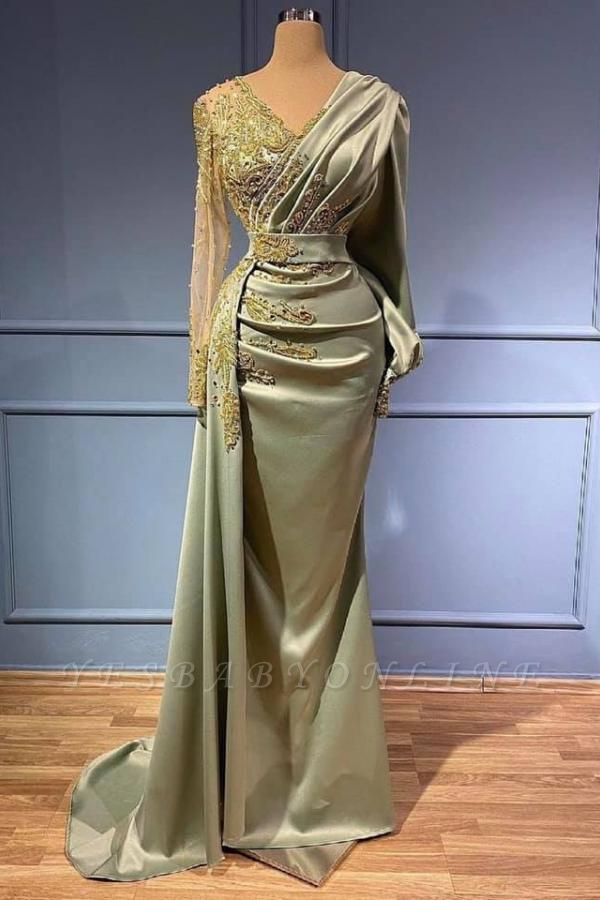 Vintage Long Mermaid V-neck Satin Gold Sequins Prom Dress with Sleeves
