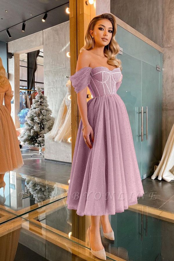 Sparkly Sequins Off-the-shoulder Sweetheart Tea-length Soft Tulle Prom Dress