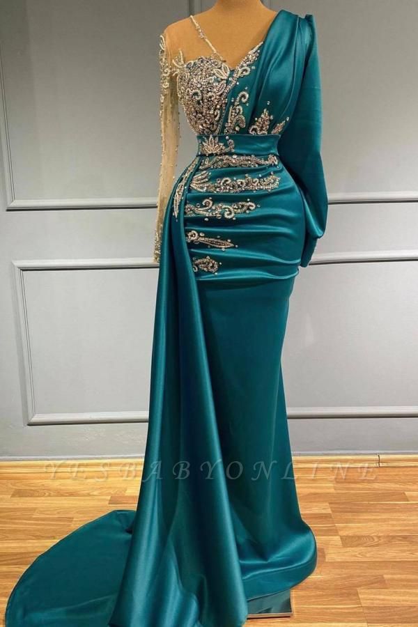 Elegant Long Sleeve V-neck Beading Floor-length Mermaid Prom Dress With Side Train