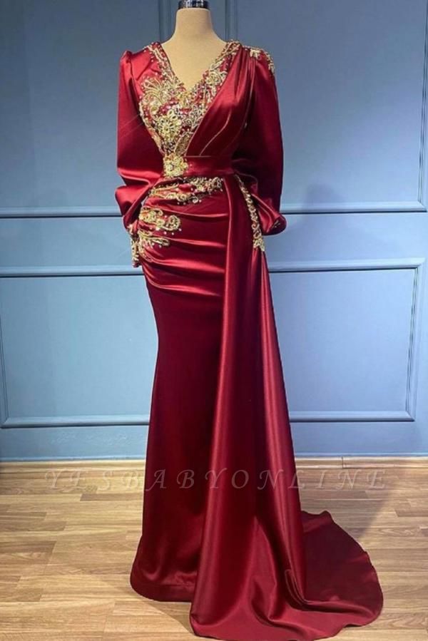 Vintage V-neck Long Sleeve Appliques Crystal Mermaid Prom Dress With Side Train