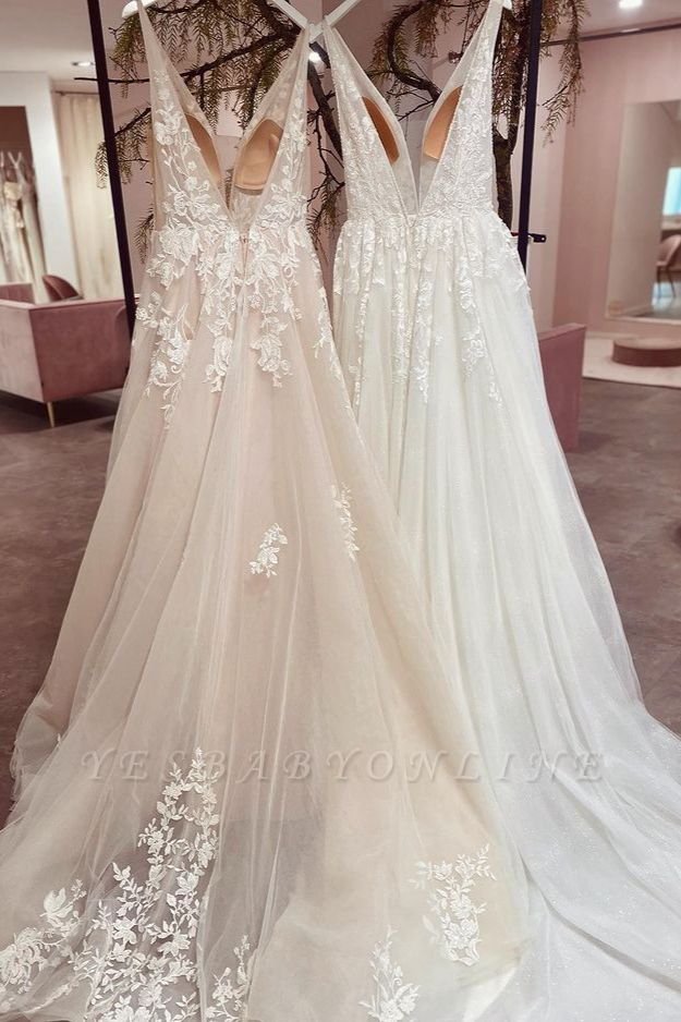 Elegant A-Line V-neck Wide Straps Backless Appliques Lace Tulle Wedding Dress