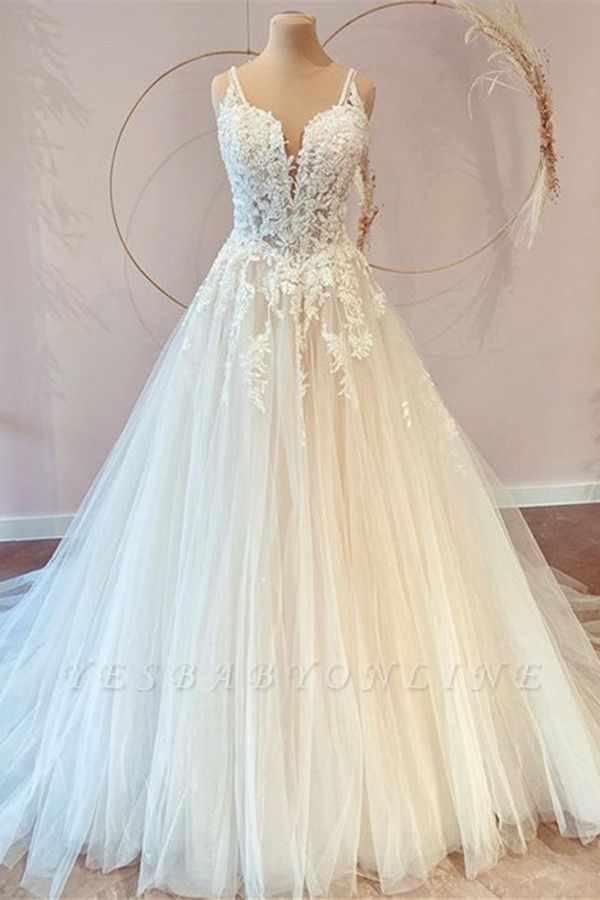 Gorgeous Long A-line Princess Sweetheart Tulle Backless Wedding Dress with Appliques Lace