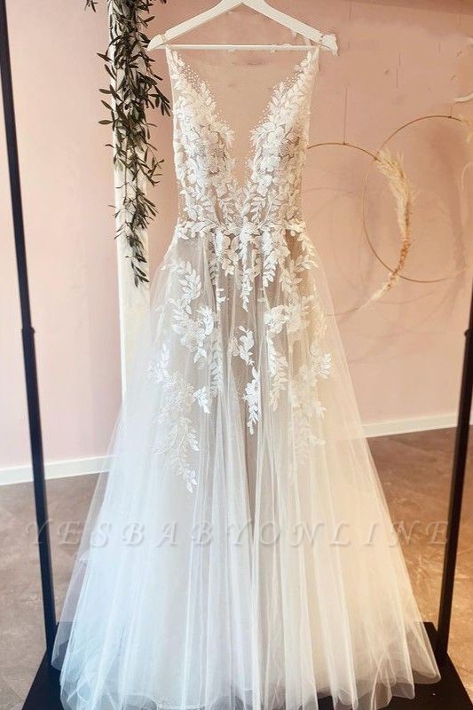 A-Line V-neck Appliques Lace Tulle Ruffles Floor-length Wedding Dress