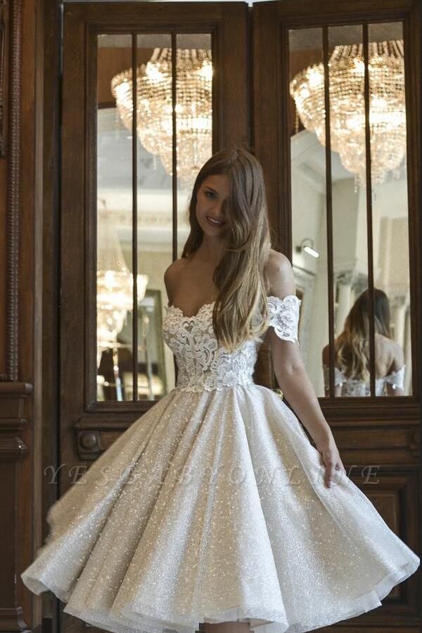 Classy Off the Shoulder Lace Sequins A-Line Tea-length Ruffles Wedding Dress