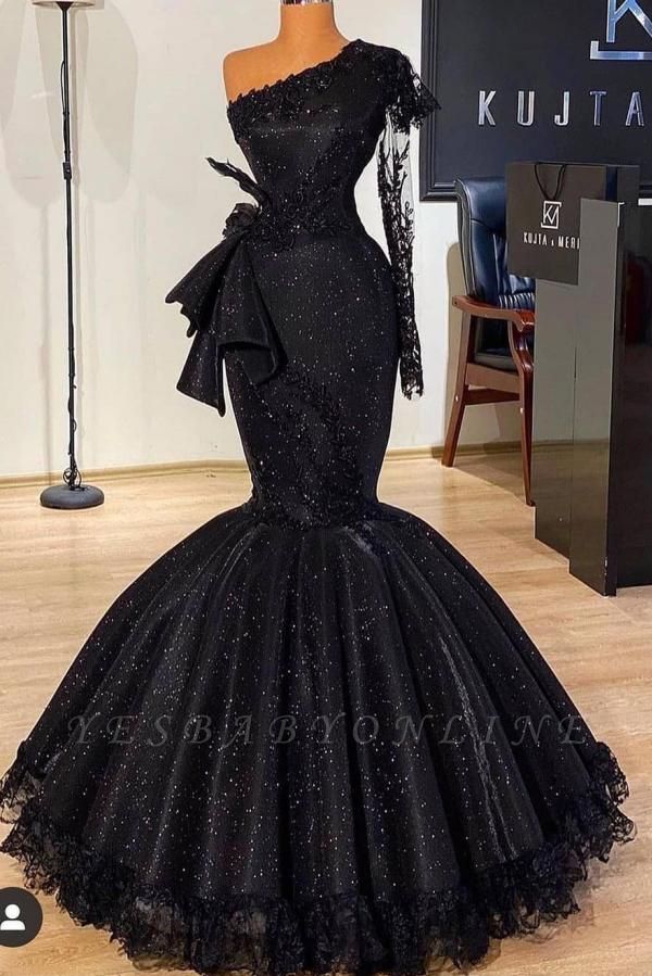 Stunning Black One Shoulder Long Sleeve Sequins Appliques Lace Mermaid Prom Dress