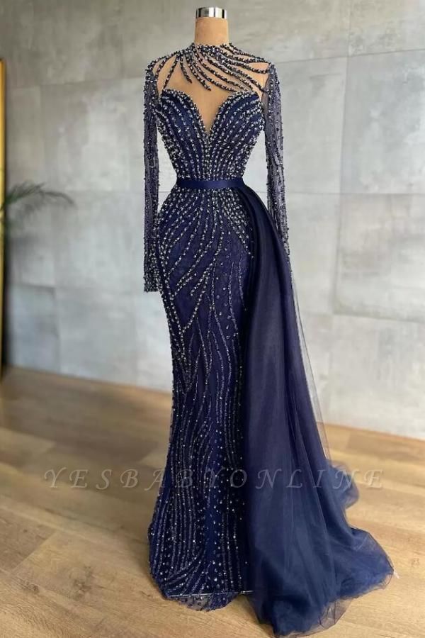 High Neck Long Sleeve Crystal Beading Mermaid Prom Dress With Detachable Train Tulle