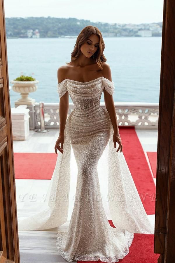 Long Mermaid Off The Shoulder Sequins Sparkly Wedding Dress With Detachable Sweep Train