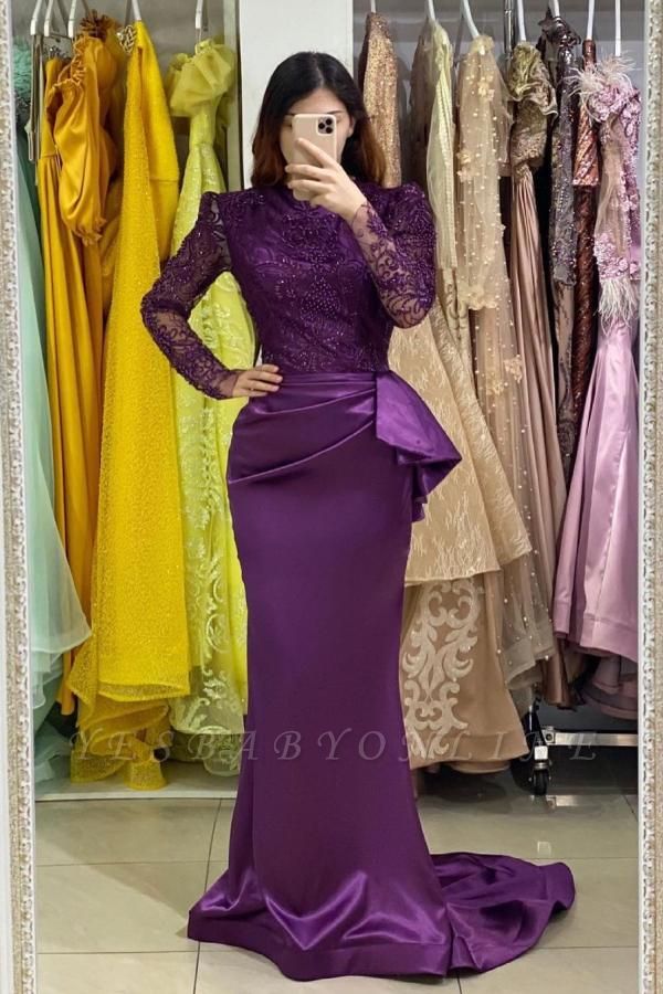 Long Sleeves Mermaid Ruffles Prom Dresses With Soft Floral Appliques Lace