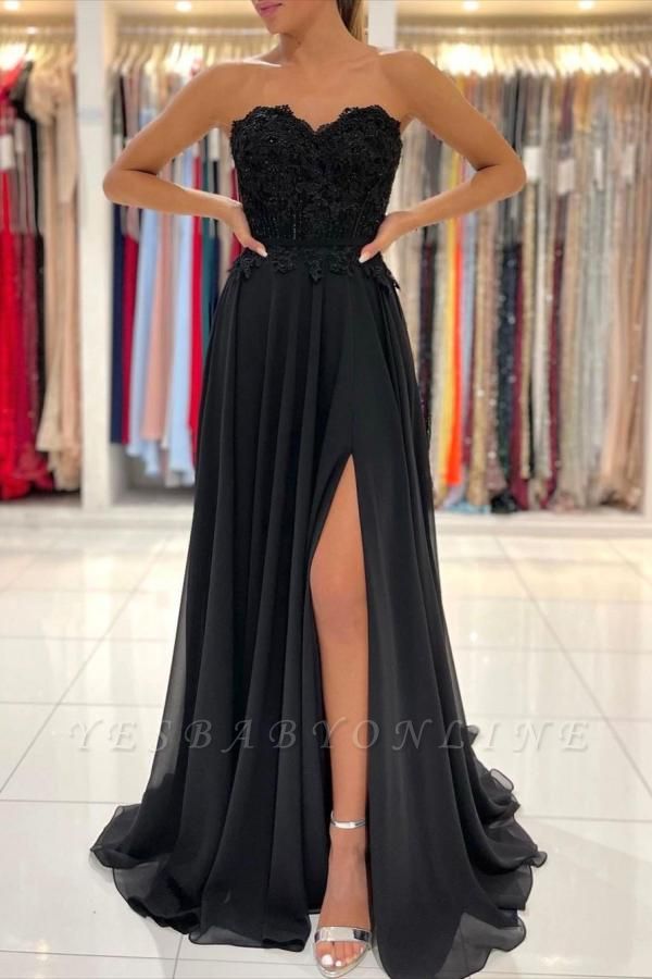Elegant Black Sweetheart Backless Ruffles Split A-line Chiffon Prom Dress
