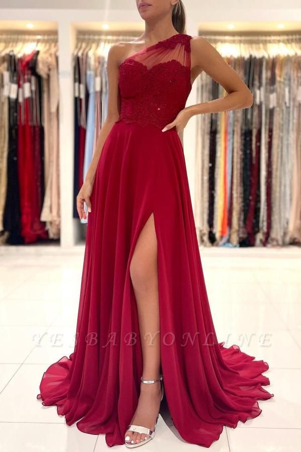 Elegant One Shoulder Appliques Lace Chiffon Ruffles Split A-Line Prom Dress