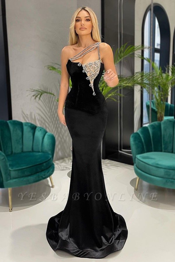 Classy Black One Shoulder Crystal Beading Floor-length Velvet Mermaid Prom Dresses