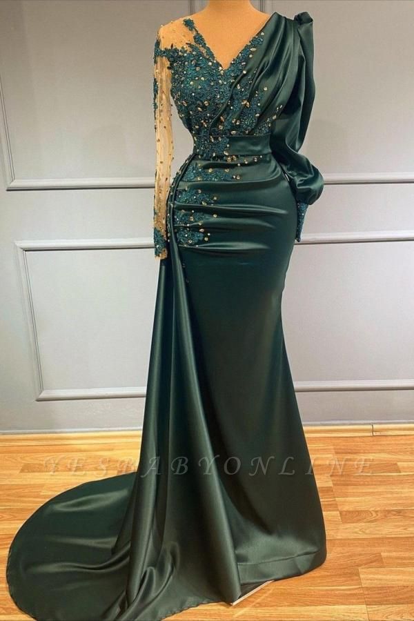 Elegant V-neck Long Sleeve Appliques Lace Crystal Floor-length Mermaid Prom Dress