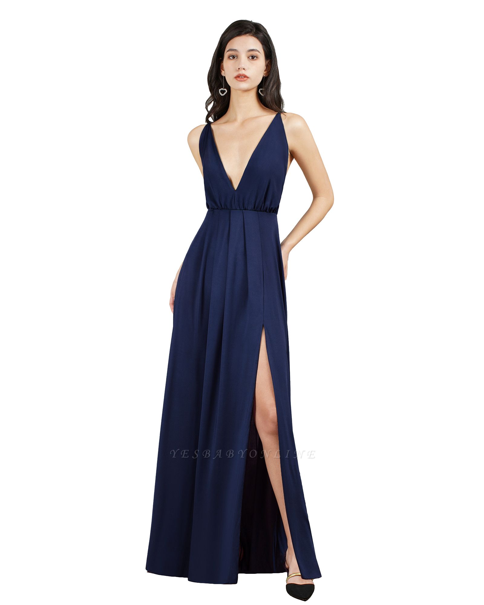 Simple A-line V-neck Floor-length Backless Ruffles Prom Dress With Slit