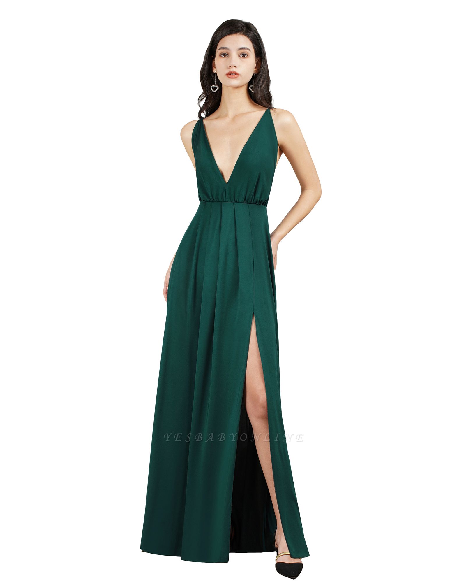 Simple A-line V-neck Floor-length Backless Ruffles Prom Dress With Slit