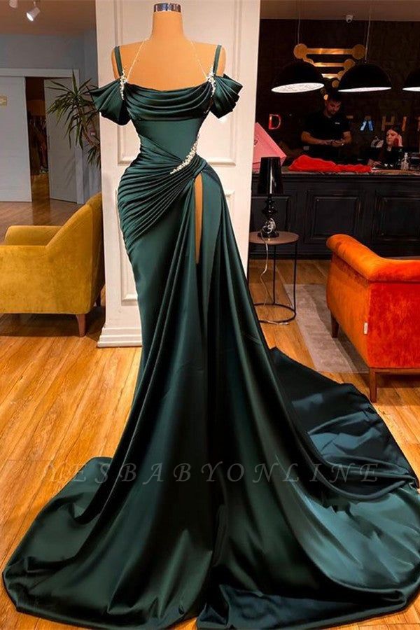 Sexy Dark Green Long Mermaid Off the shoulder Satin Prom Dresses with Slit