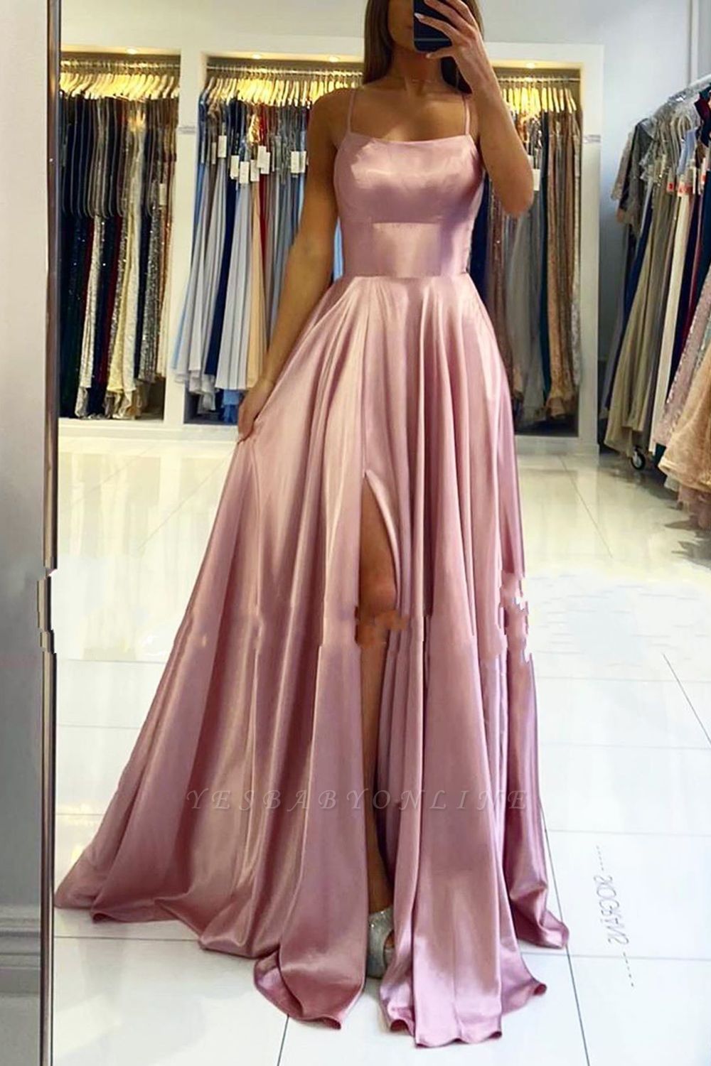 Simple A-line Spaghetti Straps Backless Floor-length Prom Dresses with Slit