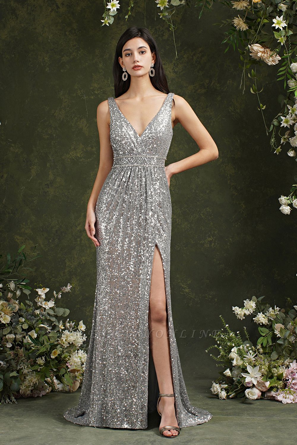 Sparkly Mermaid Wide Straps V-neck Sequins Bridesmaid Dress With Side Slit