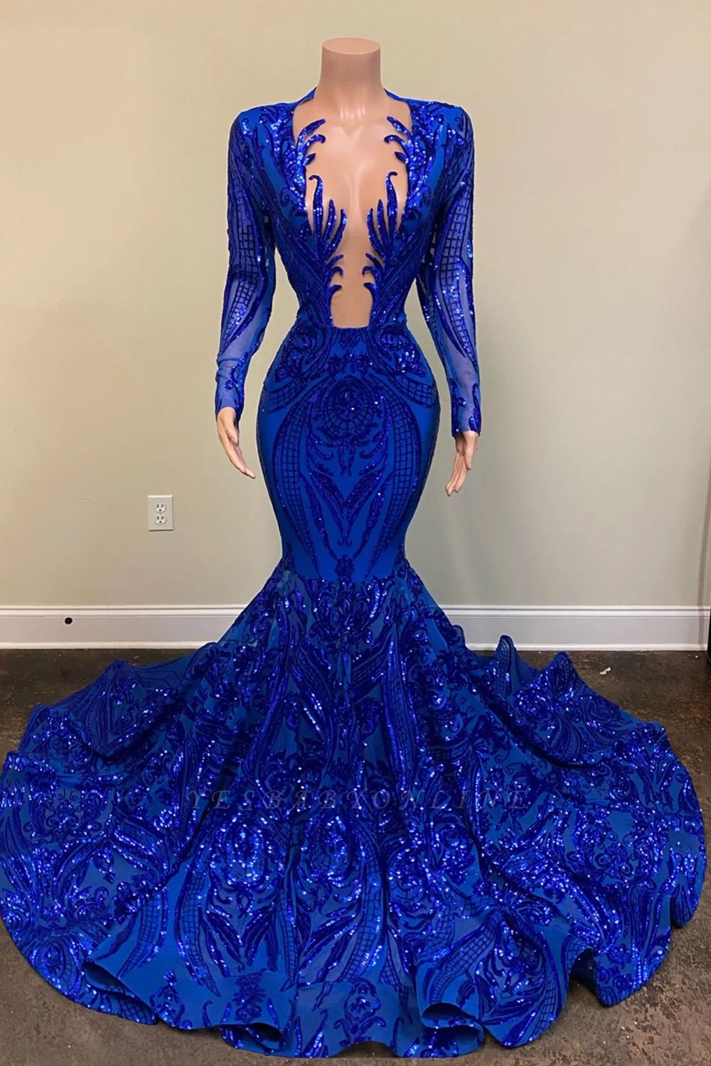 Charming Long Sleeve Appliques Sequins Floor-length Mermaid Prom Dress