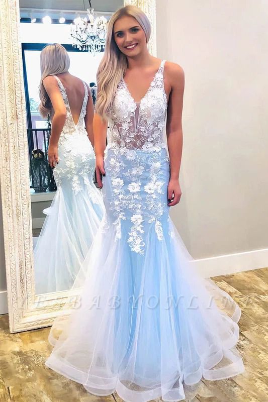 Amazing Floral Lace Deep V-neck Backless Tulle Rhffles Mermaid Prom Dress