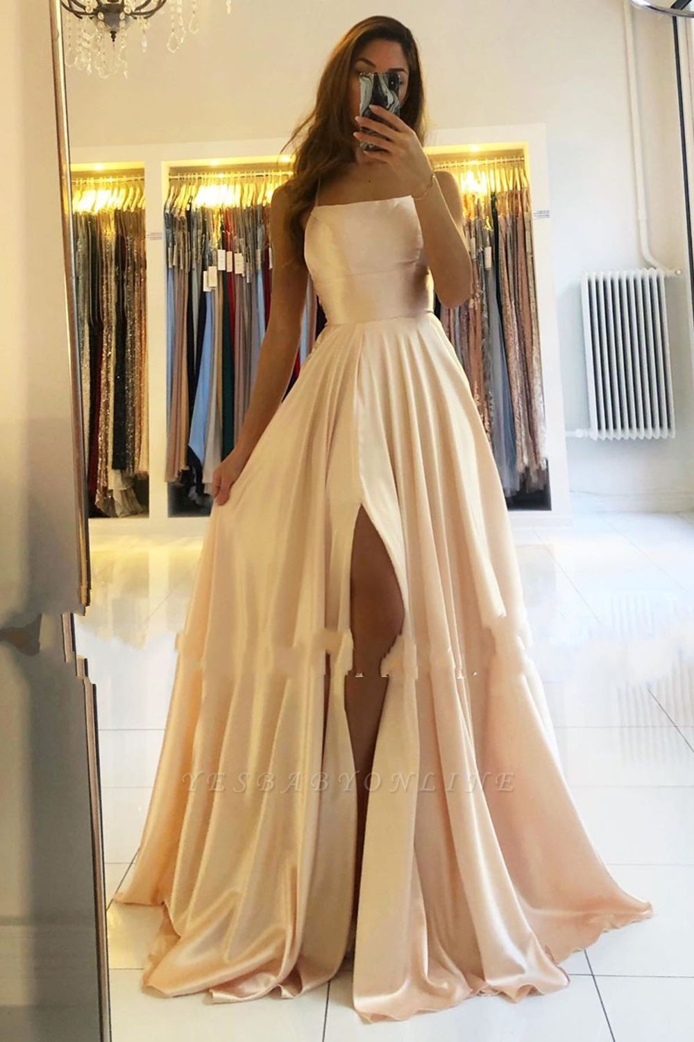 Simple Spaghetti Straps A-line Ruffles Floor-length Backless Prom Dress with Slit