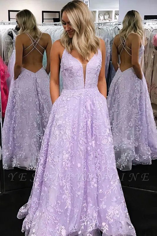 A-Line Spaghetti Straps Floral Lace Tulle Floor-length Prom Dress With Pockets