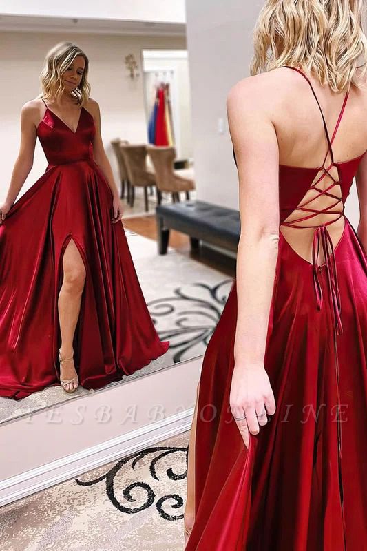 Sexy A-line V-neck Spaghetti Straps Floor-length Satin Ruffles Prom Dress With Side Slit