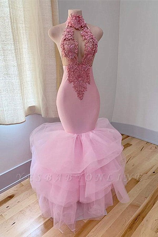 Modern High Neck Keyhole Tulle Ruffles Mermaid Floor-length Prom Dress