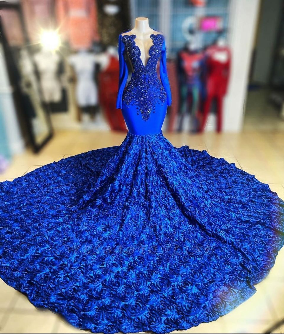 Charming Blue Long Sleeveless Mermaid V-neck Lace Satin Prom Dress