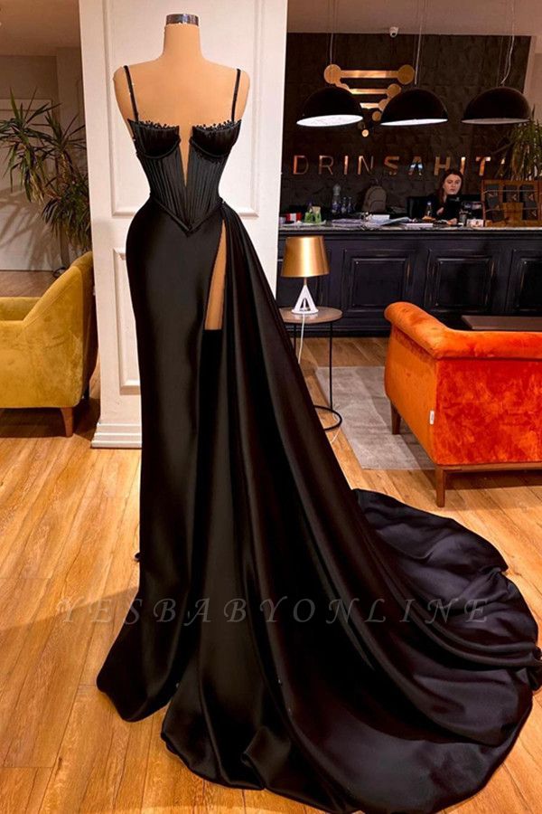 Sexy Black Long Mermaid Sleeveless Satin Prom Dresses with High Side Slit