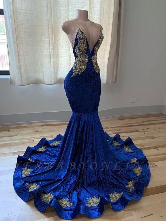 Vintage Deep V-neck Beading Appliques Floor-length Mermaid Prom Dress ...