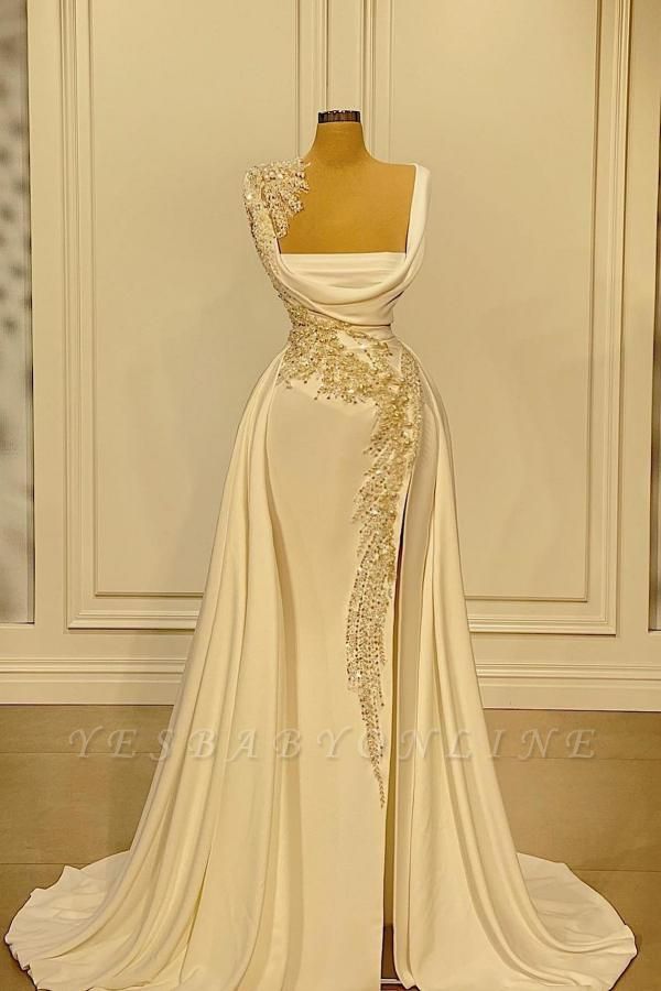 A-Line Wide Straps Square Neckline Beading Prom Dress With Side Slit