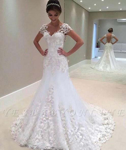 Sweetheart Short Sleeves Appliques Lace A-Line Backless Wedding Dress ...