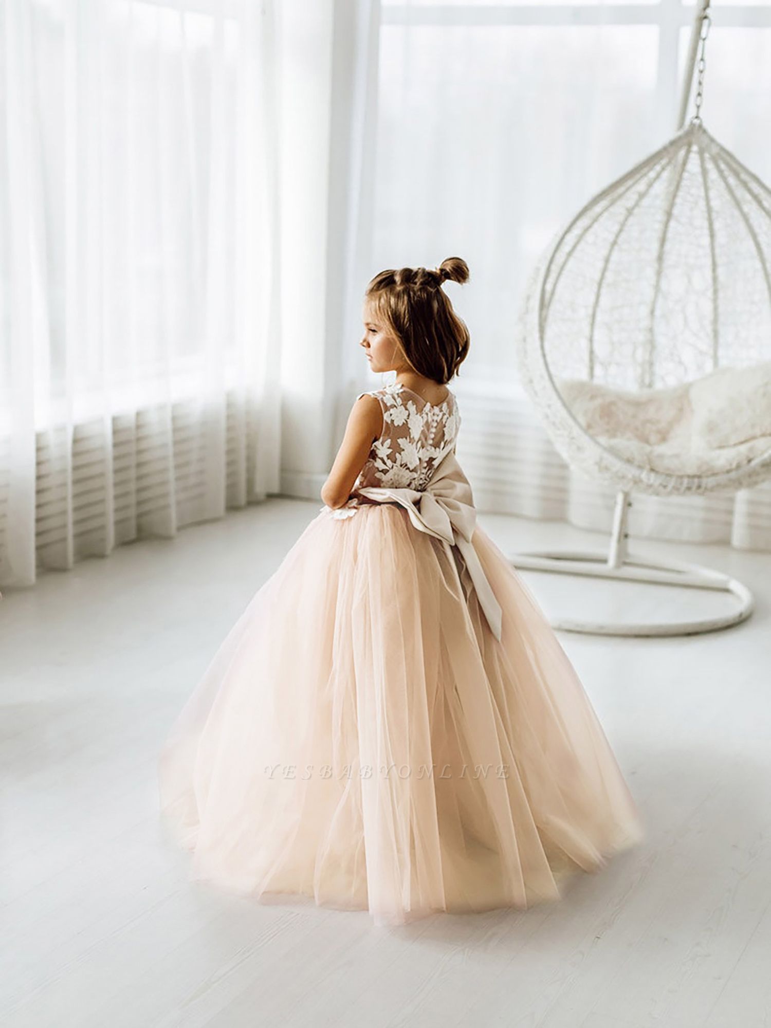 Cute Long Ball Gown Lace Sleeveless Tulle Flower Girl Dress with Bow