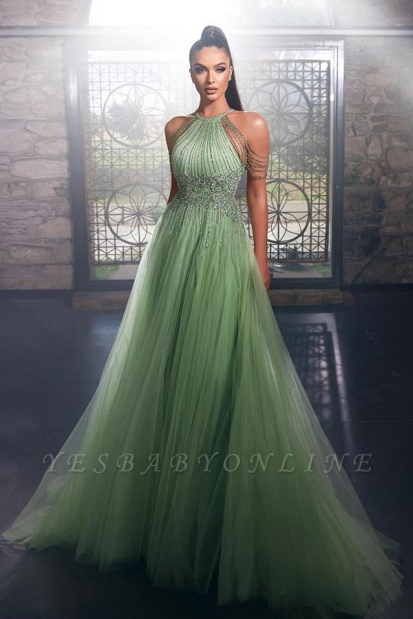 Stylish Green Sleeveless A-Line Halter Floor-Length Tulle Prom Dresses