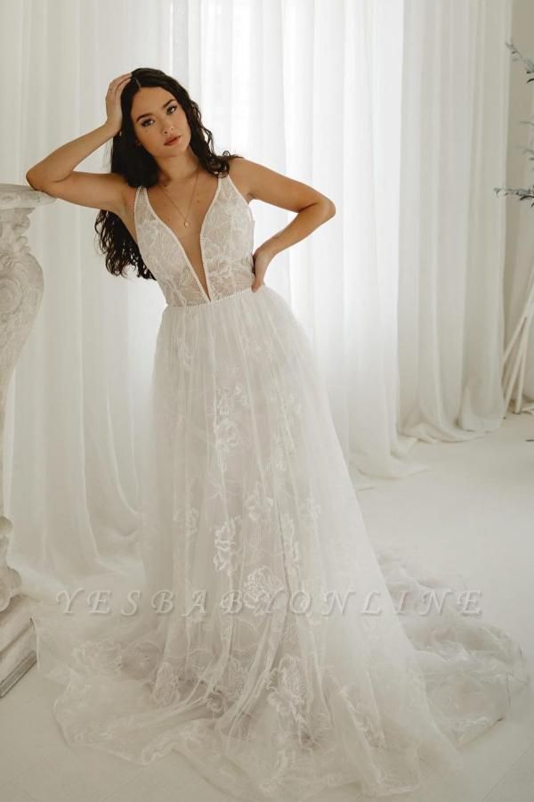 Elegant A-Line Deep v-neck Chapel Train sleeveless white tulle lace wedding dress