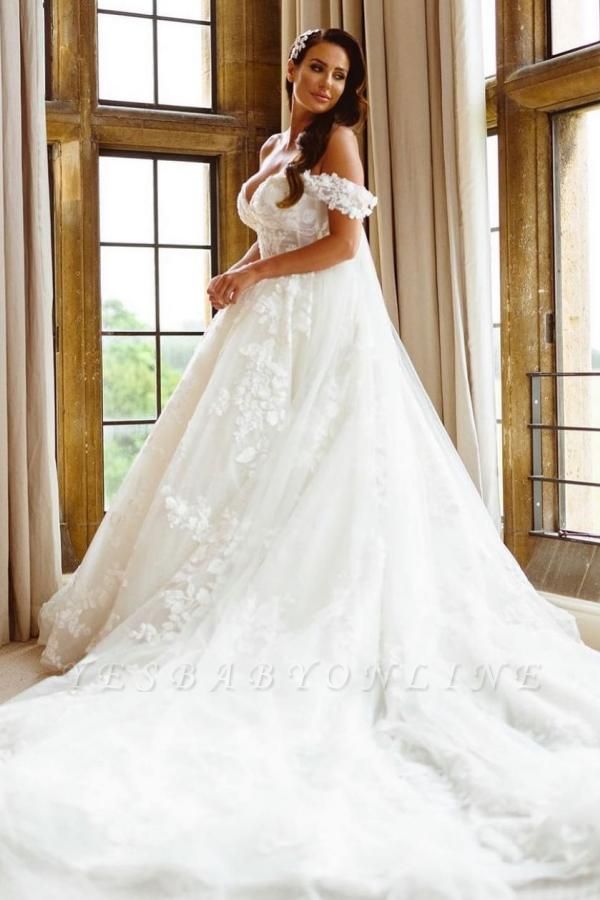 Elegant Chapel Off the Shoulder A-Line Sleeveless Lace Wedding Dresses with Appliques