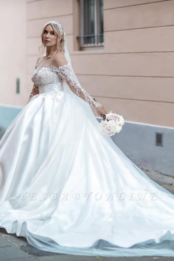 Gorgeous White Satin Aline Bridal Dress with Sleeves Beadings Wedding Gown