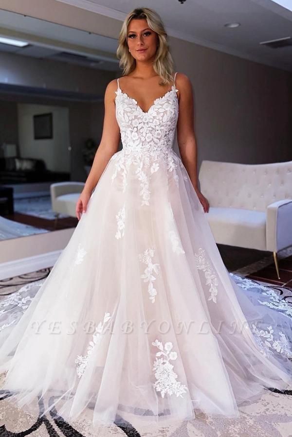 Charming A-Line Sweetheart Spaghetti Strap Chapel Sleeveless Wedding Dresses with Appliques