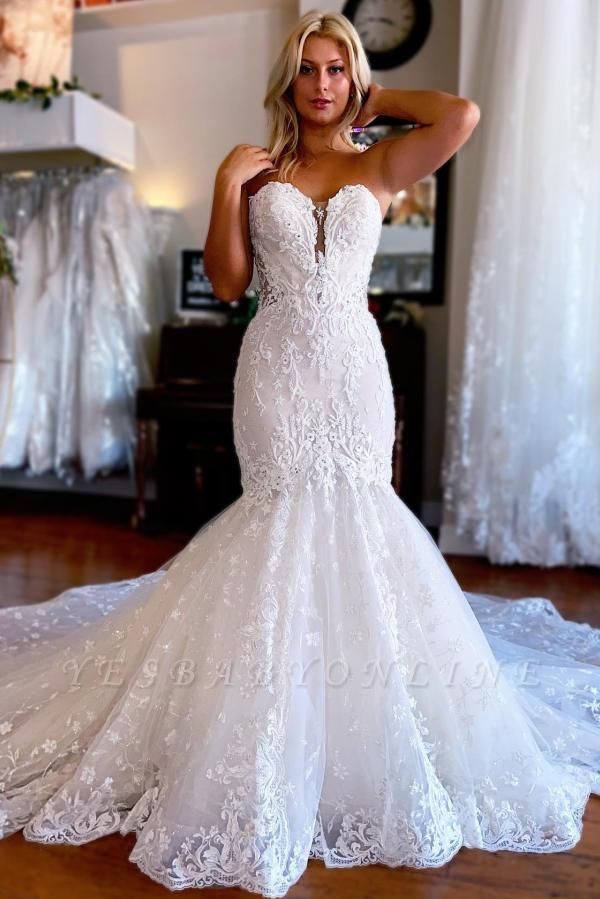 Charming Sweetheart Mermaid Chapel Sleeveless Wedding Dresses with Appliques
