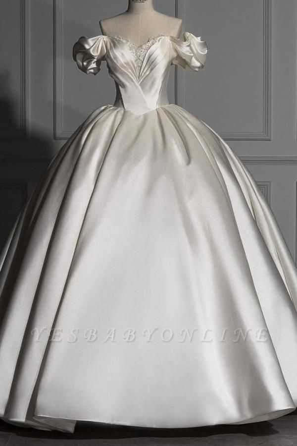 Charming Off the Shoulder Sweetheart Satin Ball Gown Wedding Dress with Ruffles