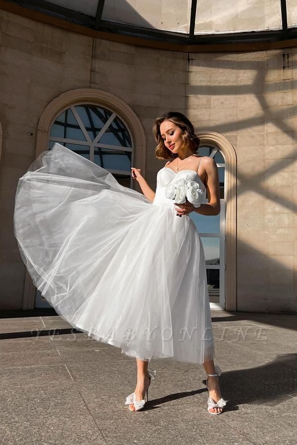 Chic Spaghetti Strap Sweetheart Tea Length A-Line Sleeveless Tulle Wedding Dresses with Ruffles