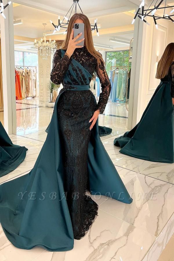 Charming High Collar Long Sleeves Floor-Length Mermaid Stretch Satin Prom Dress with Ruffles