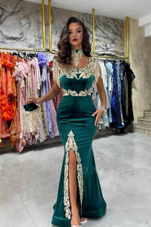 Elegant Green Chapel High Collar Mermaid Sleeveless Velvet Prom Dress with Appliques